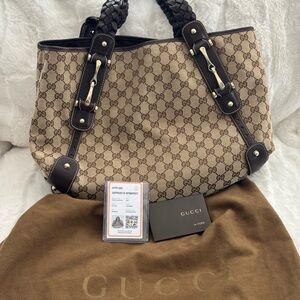 Authentic Gucci Beige GG Canvas Tote with Dark Brown Leather Trim